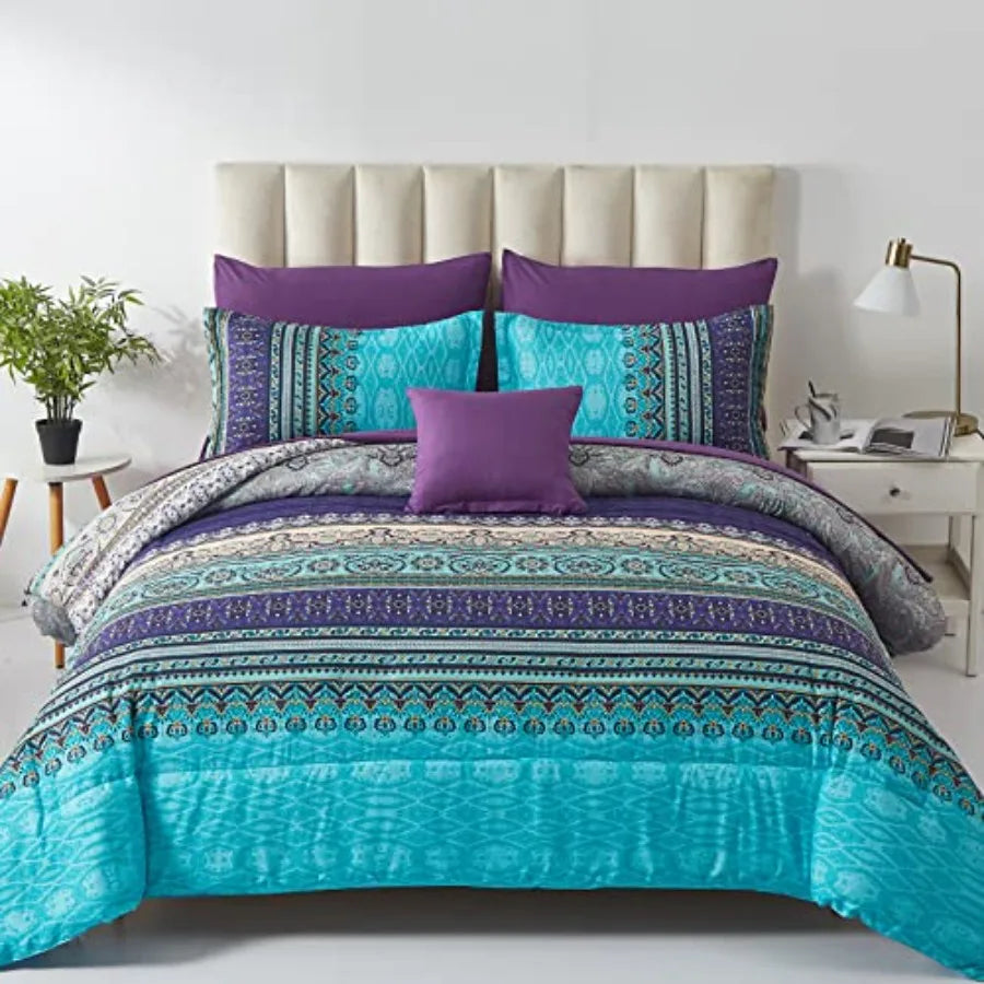 8 Pcs Bed in a Bag Bohemian Striped Bedding Quilt Set Paisley Floral Comforter and Sheet Microfiber