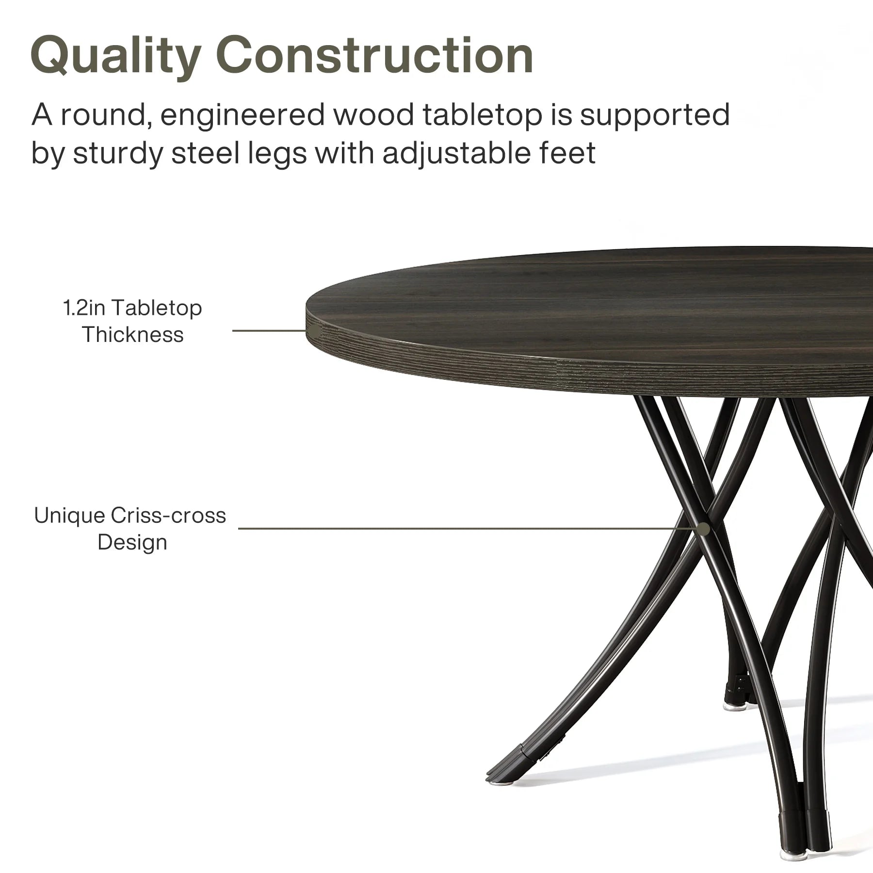 Round Dining Table, 47-Inch Wood Large Farmhouse and Modern Kitchen Table for 4-6 People with Gray Frame