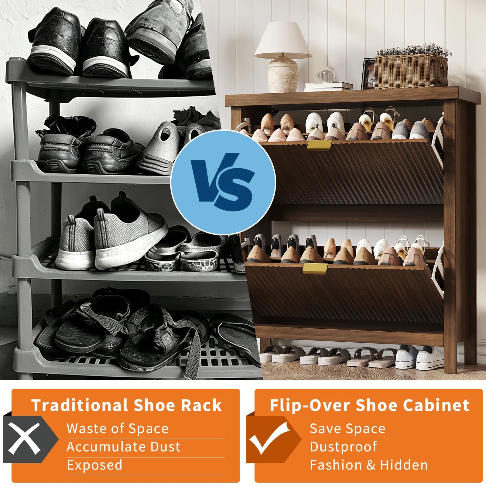 Fluted Shoe Cabinet with 2 Flip Drawers Natural Oak Hide Everyday Shoes in a Slim 9.5-Inch  Fluted Style