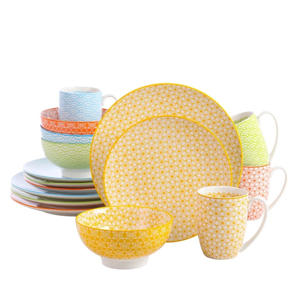 16 Pieces Porcelain Multi-Colour Japanese-style Dinnerware Set with 4PCS Dinner Plate Dessert Plate Bowl Mug