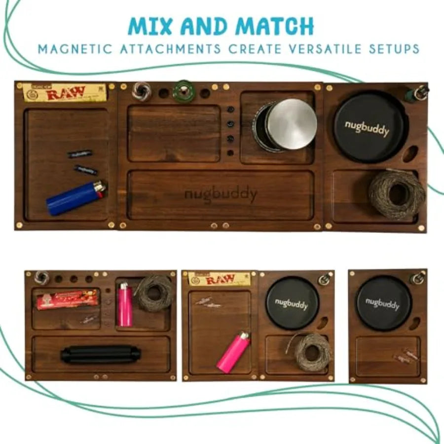 Wooden Rolling Tray 3 in 1 Folding Design Set w Magnetic Lid Big and Small Trays + Removable Metal Tray Portable