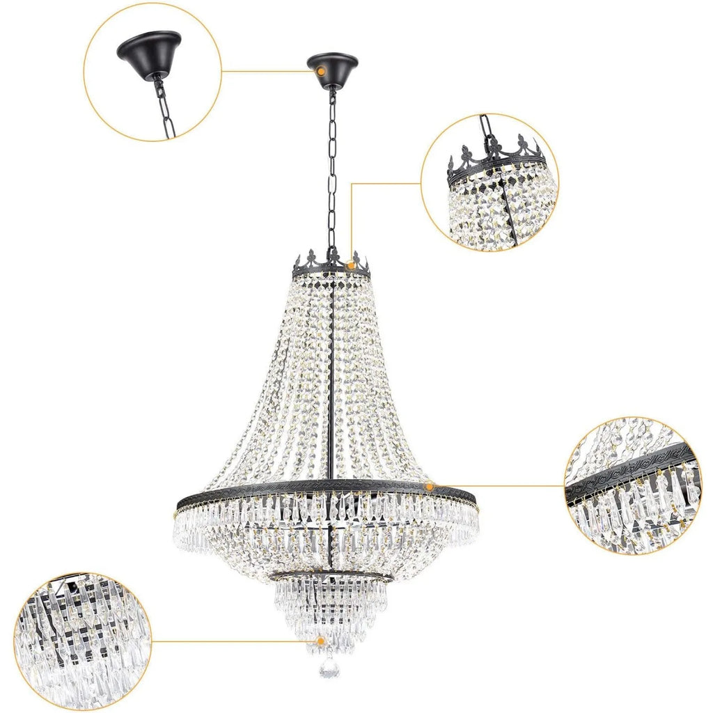 9-Light French Empire Modern Crystal Chandelier D24" × H30" Luxury Indoor Pendant Ceiling Lighting Fixture