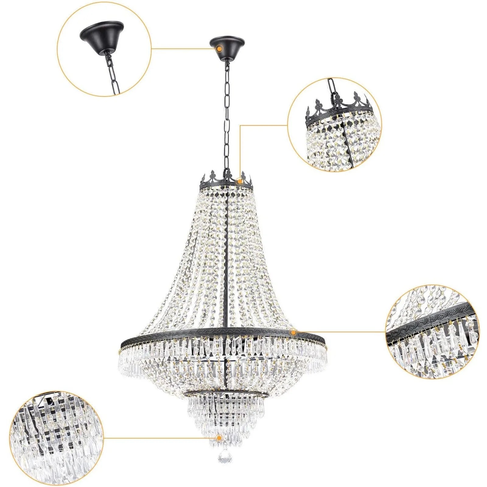 9-Light French Empire Modern Crystal Chandelier D24" × H30" Luxury Indoor Pendant Ceiling Lighting Fixture