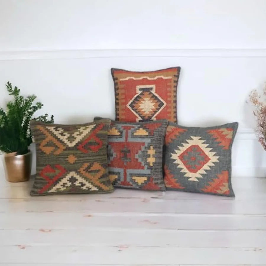 Set of 4 Turkish Handwoven Wool Jute Vintage Kilim Cushion Covers