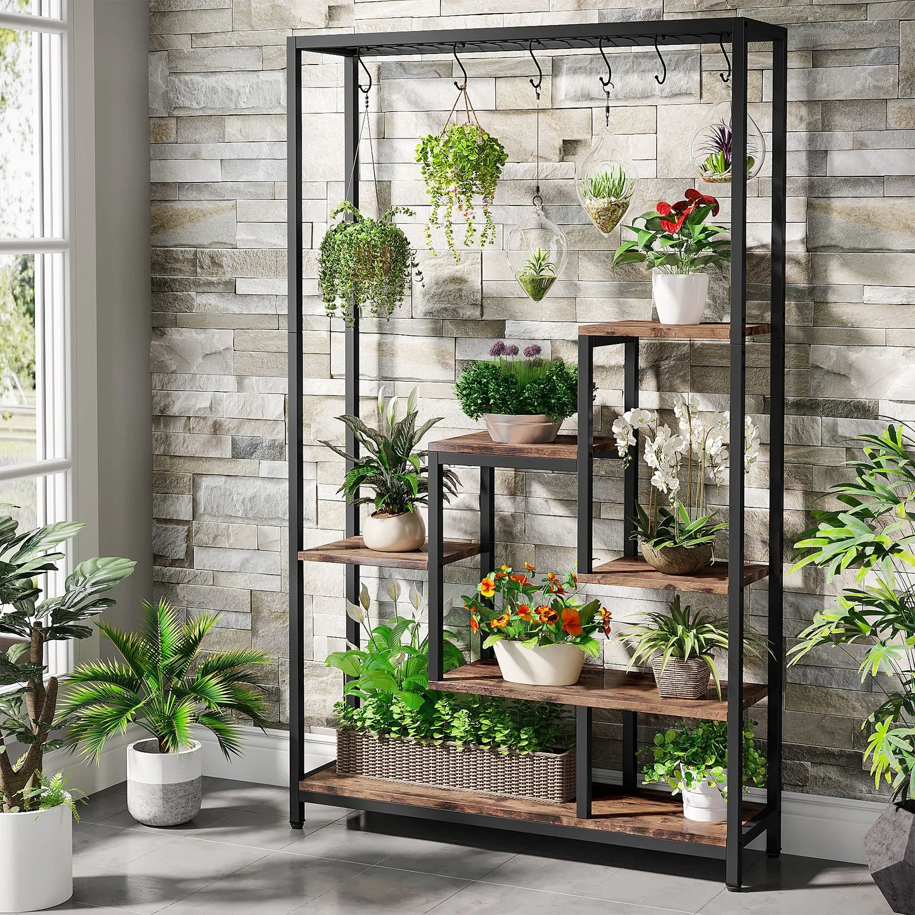 Tribesigns 5 Tiers Tall Indoor Metal Plant Stand 70.9 inches 10 PC S Hanging Hooks for Garden