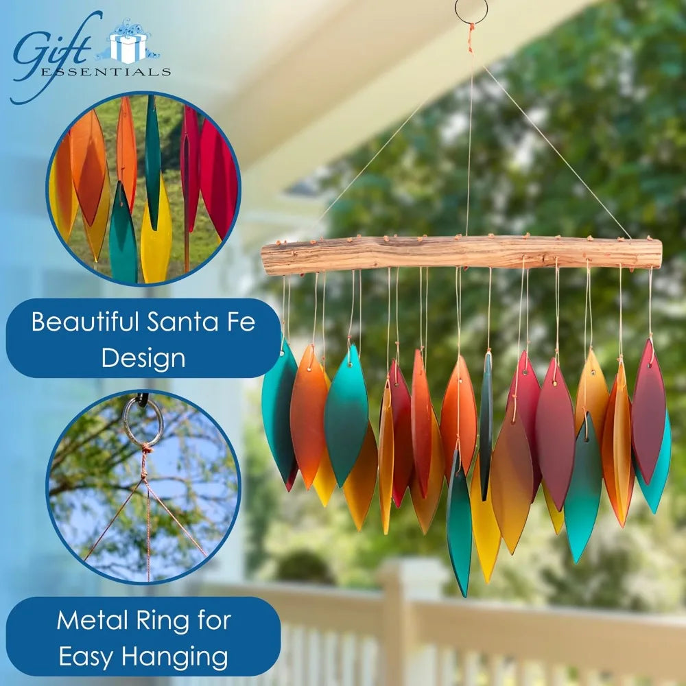 Handcrafted Sandblasted Glass Leaves Wind Chime | Southwestern Teal, Terracotta, Mustard, Burgundy | Driftwood Top