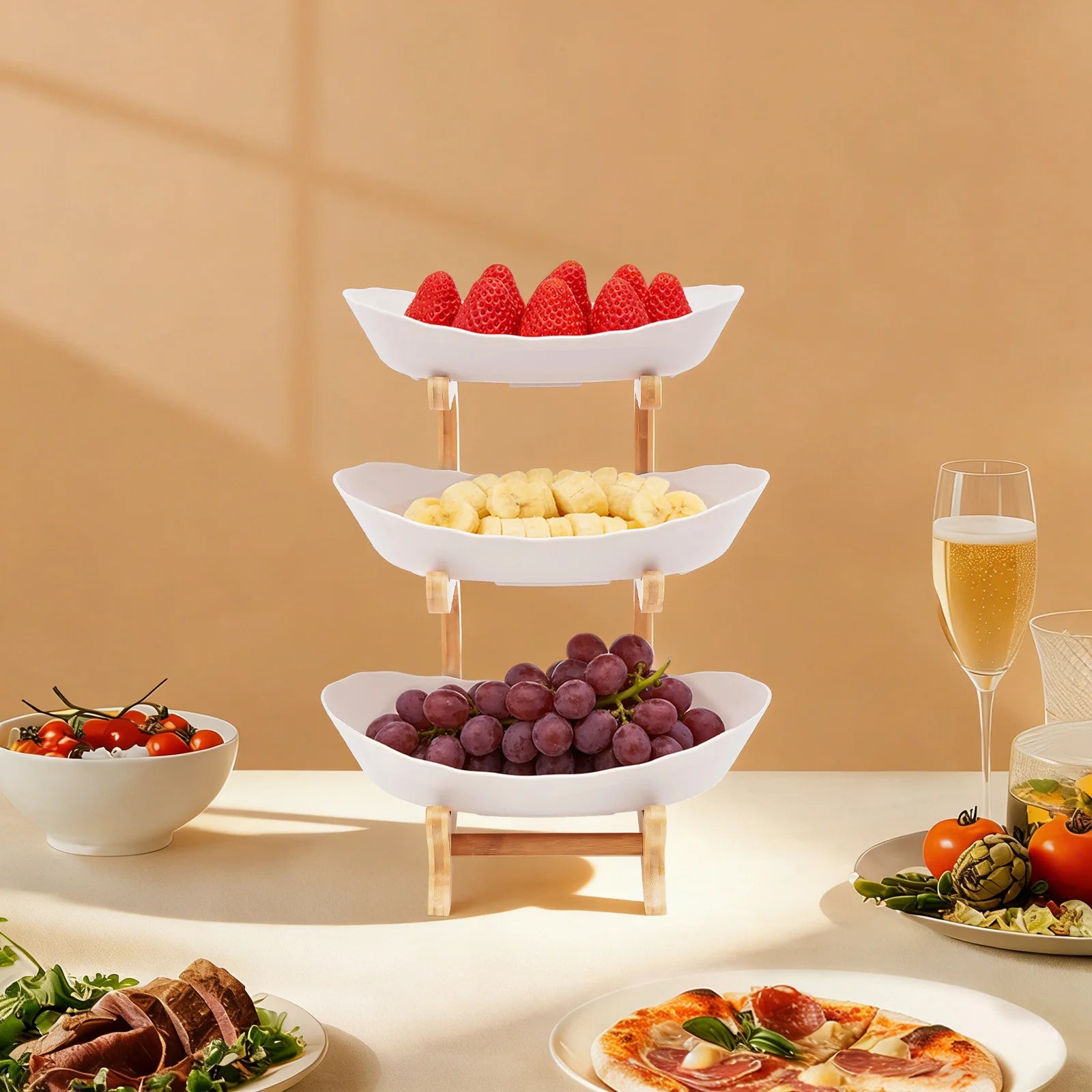 Kitchen Storage Rack Three Tier Fruit Tray Large Detachable Bamboo Stand Space Saving Bowl