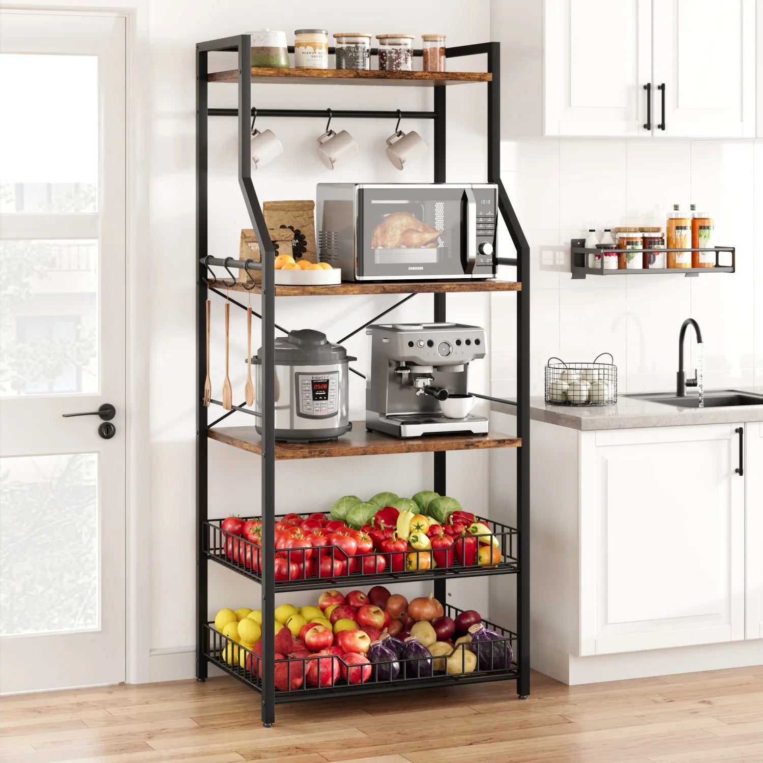 Kitchen Bakers Rack Microwave Oven Stand with 2 Large Wire Basket Industrial