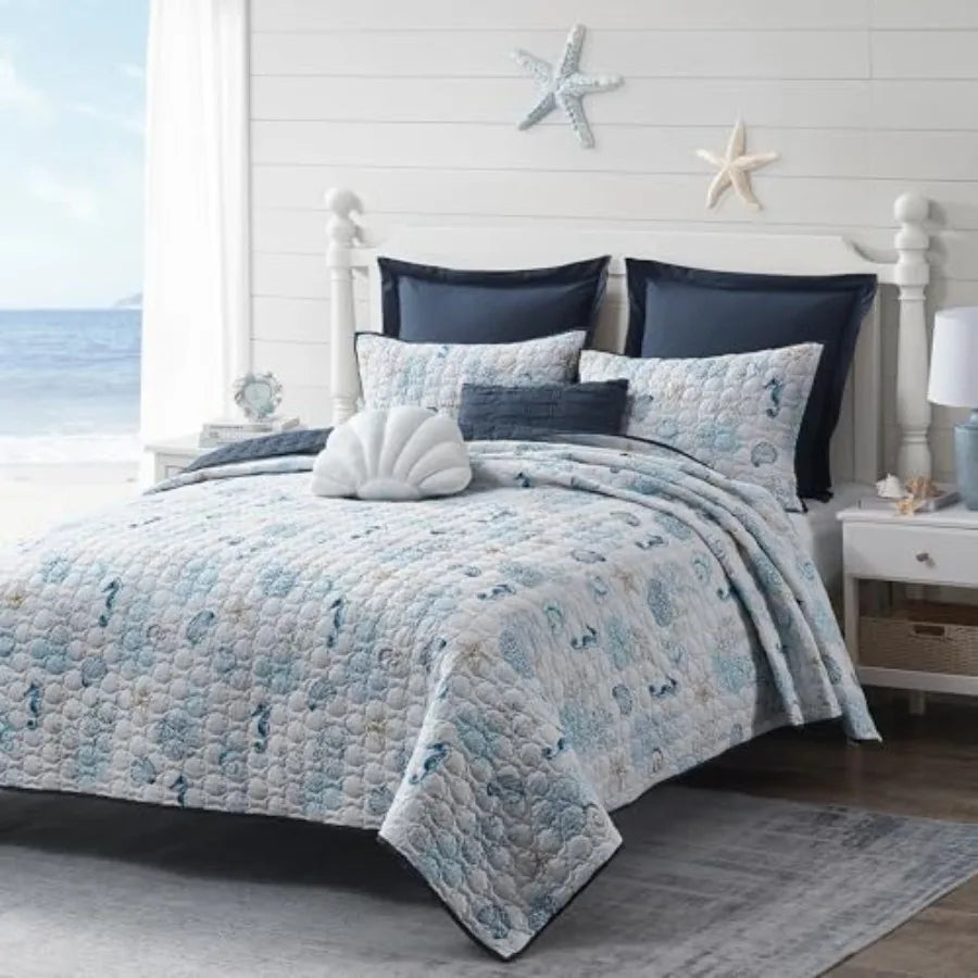 Cotton Coastal Quilt Set Shell Stitched Quilting Reversible with 2 Shams, Nautical Beach Lightweight