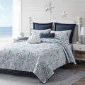 Cotton Coastal Quilt Set Shell Stitched Quilting Reversible with 2 Shams, Nautical Beach Lightweight