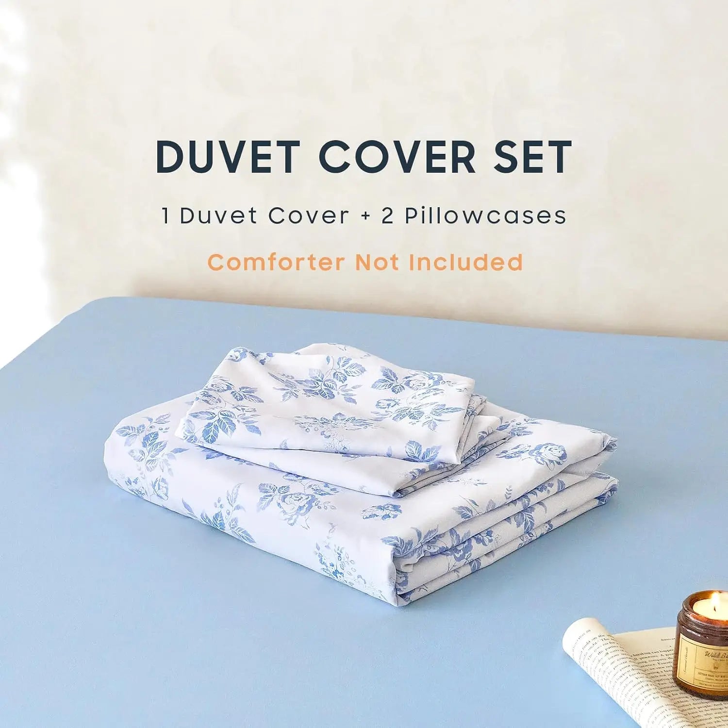 Cottagecore Duvet Cover Set Floral Vintage Flower Soft Lightweight Bedding 3-Piece Light Blue Twin/Twin XL