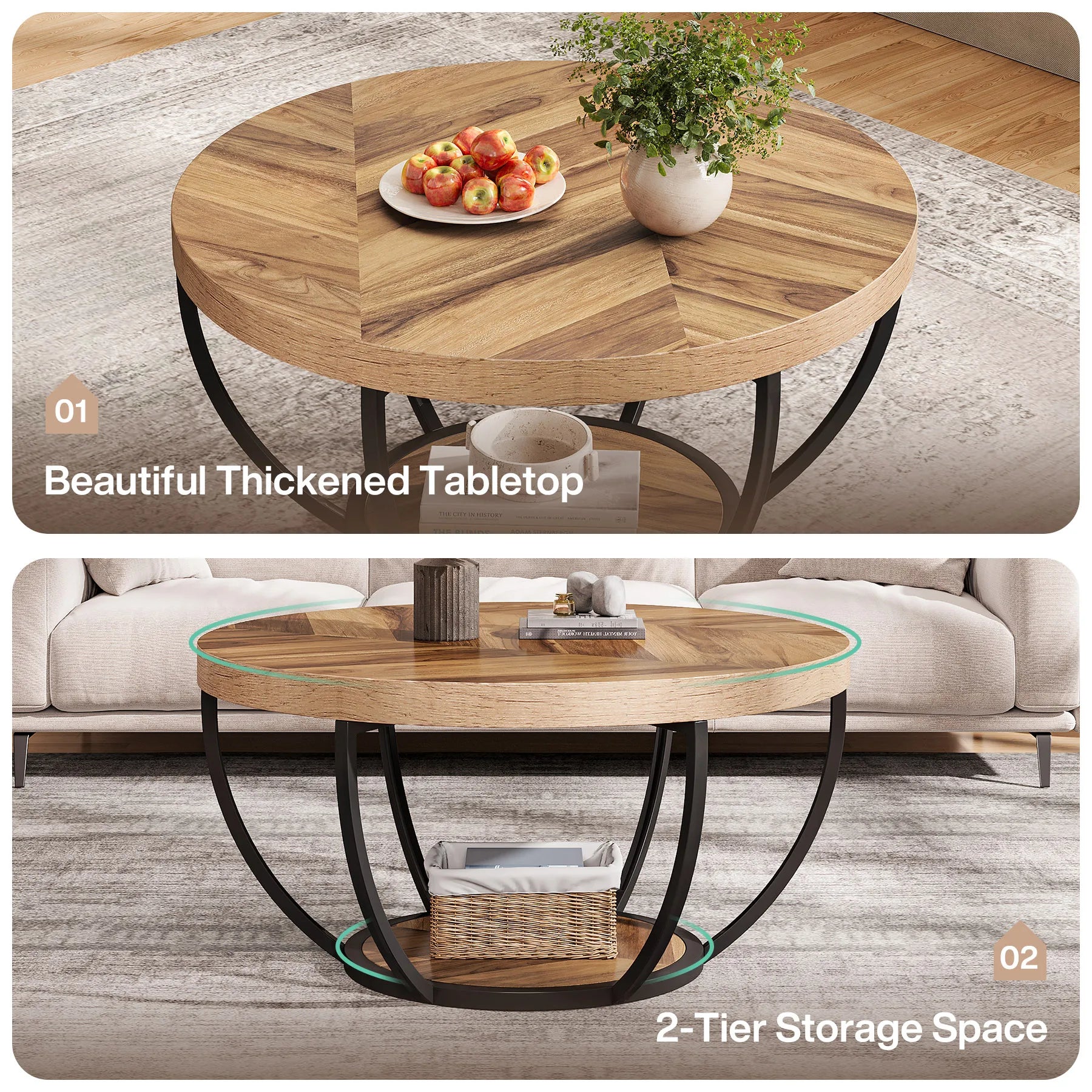 31.7" Round Table, Industrial 2-Tier Circle with Storage Shelves, Modern Wooden Accent Center Tab