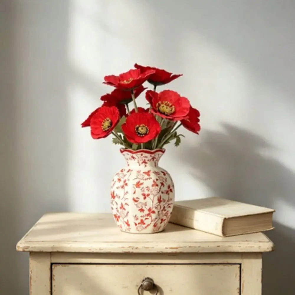 Poppies In Red And White Floral Vase, 11.5 ,