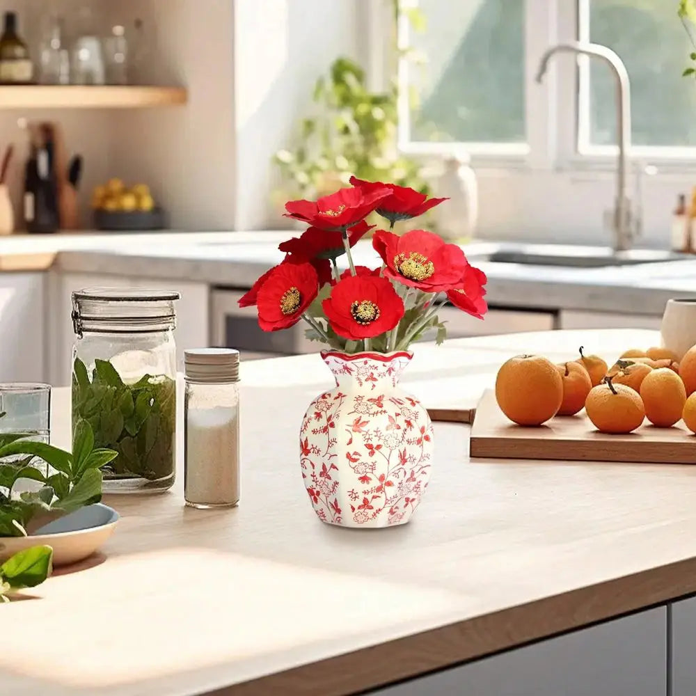 Poppies In Red And White Floral Vase, 11.5 ,