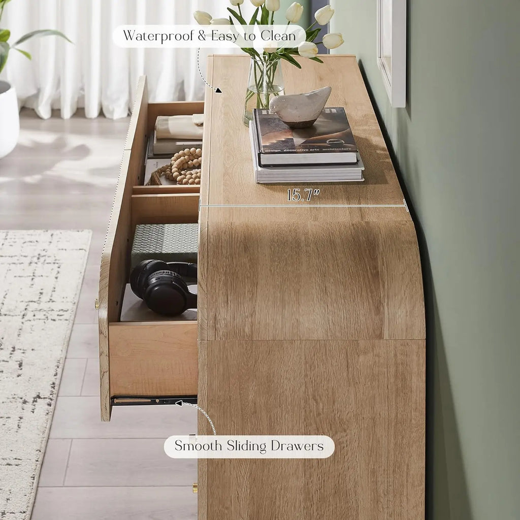 Fluted Wood, Wide, Curved 6 Drawer Dresser Bedroom 54in TV Stand Living Room Hallway Oak