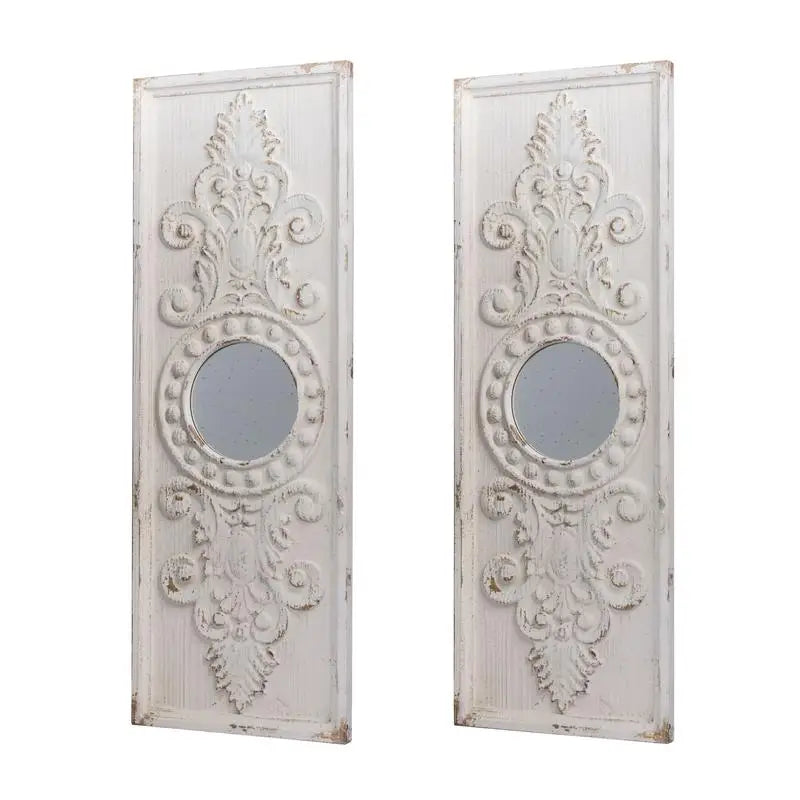 Set of 2 Large Wooden Wall Art Panels with Distressed White Finish & Round Mirror Accents, 17" x 48" Decorative Wall Decor