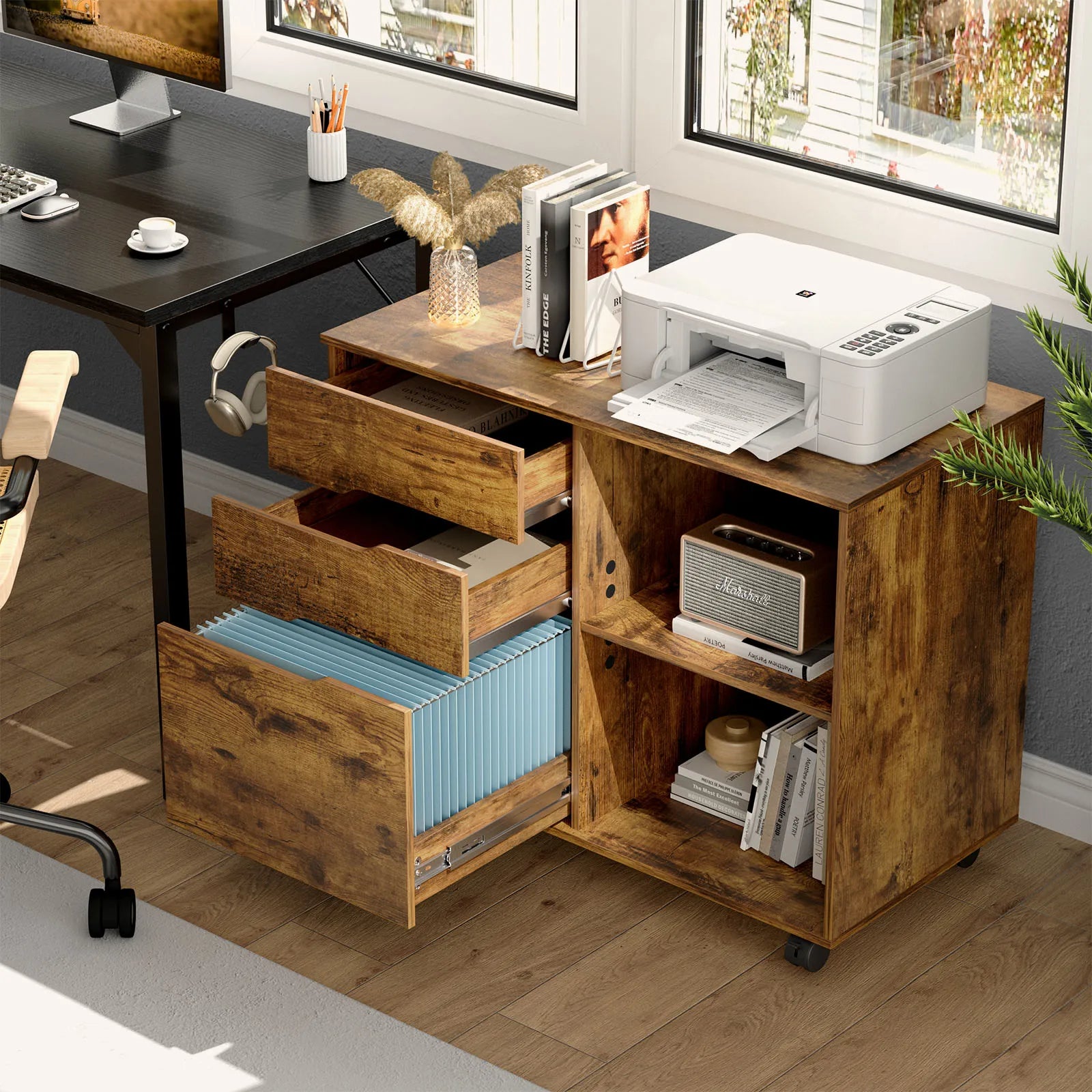 3 Drawers Wooden Mobile Cabinet Chest Dressers wood Storage Cabinet Organizer Rolling Display Furniture