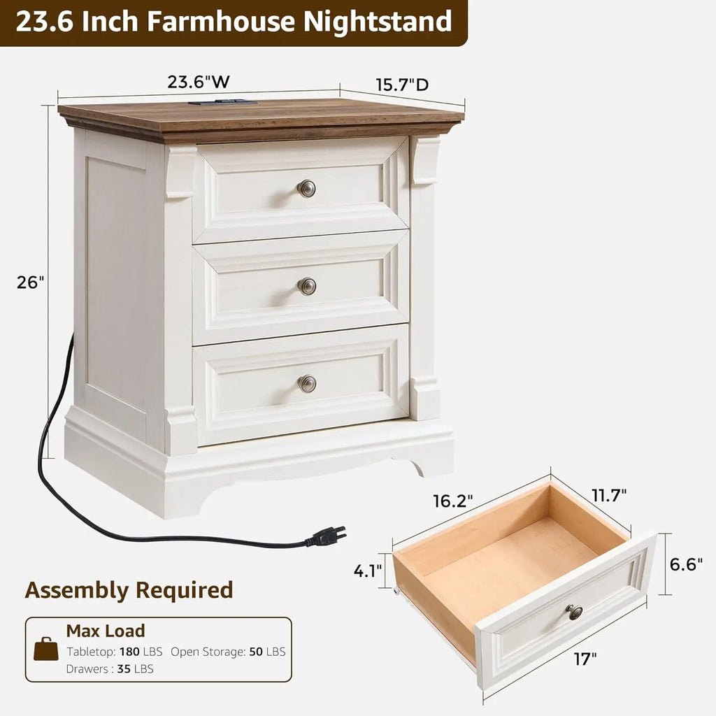 Farmhouse Wood 26" Tall Nightstand with Charging Station, 23.6"  3 Drawers Storage