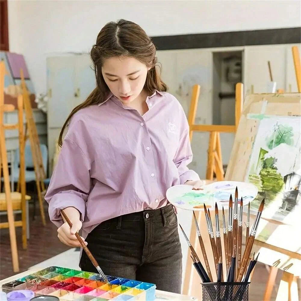 12pcs Premium Artist Synthetic Nylon Paint Brush Set  Round Pointed Tips for Acrylic, Watercolor, Oil & Gouache