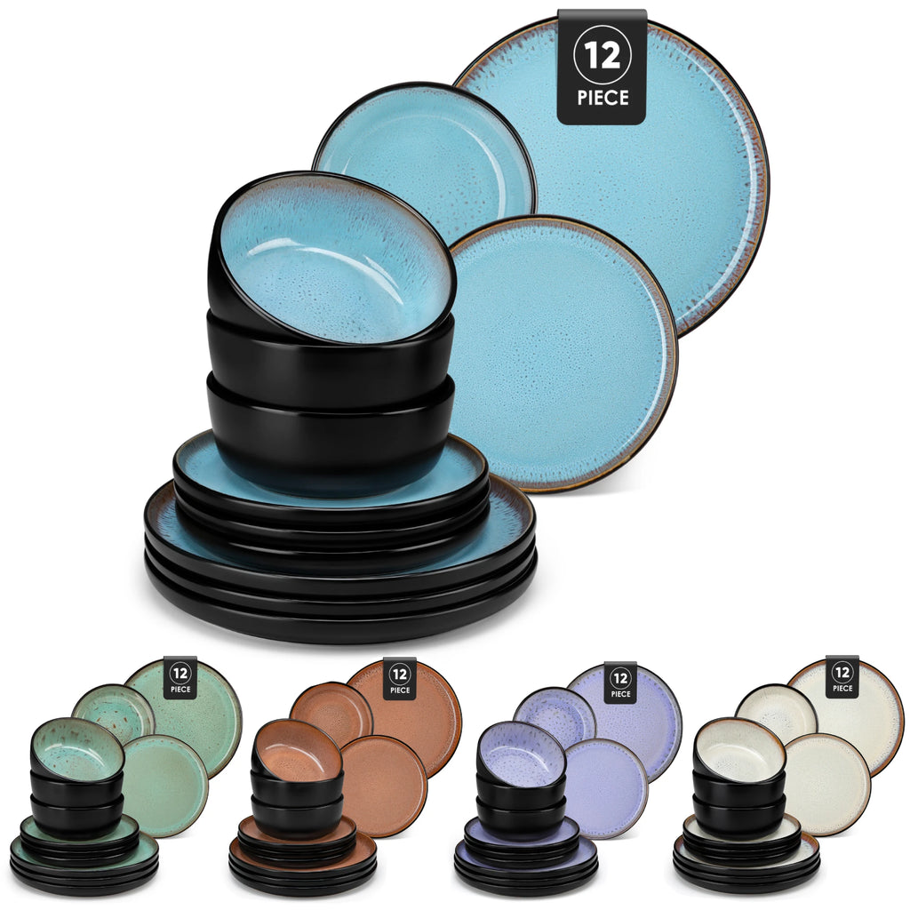 12/16 Piece Ceramic Dinnerware Set Matte Black Stoneware Plates Set with 4/6 Pcs Dinner Plate/Dessert/Bowl/Soup