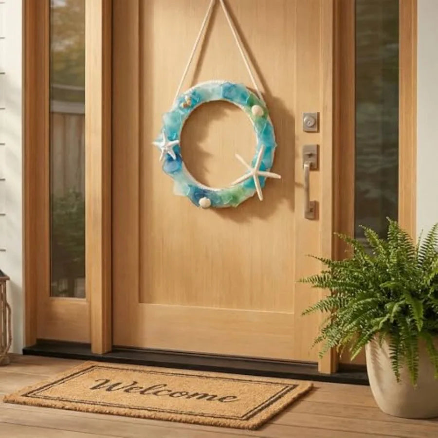 Handcrafted Coastal Blue Sea Glass Wreath for Door Starfish and Shells