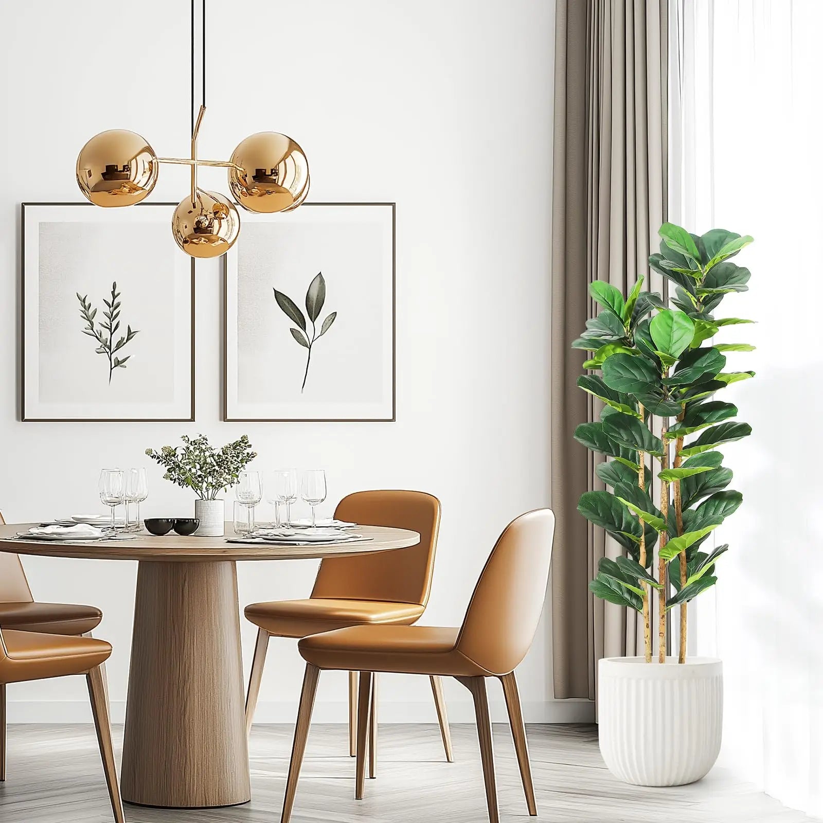 Artificial Fiddle Leaf Fig Tree with White Planter, 5/6/7 ft Natural Wood Trunk,