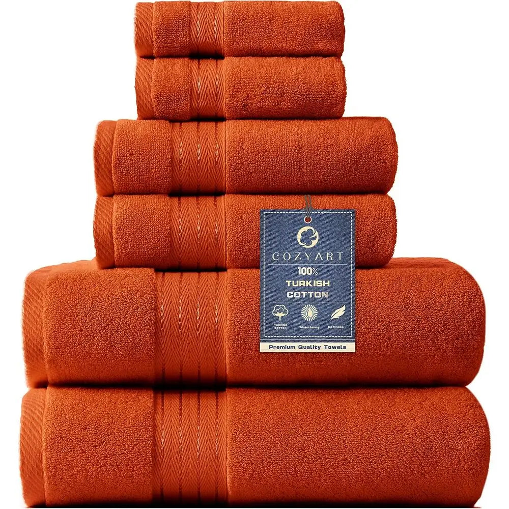 Orange 650 GSM Cotton Bath Towel Set: 6 Pieces with 2 Large Towels, 2 Hand Towels, 2 Washcloths