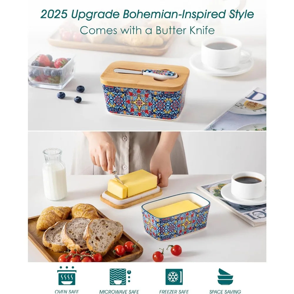 Bohemian Ceramic Butter Dish with  Bamboo Lid and knife , 6.5"