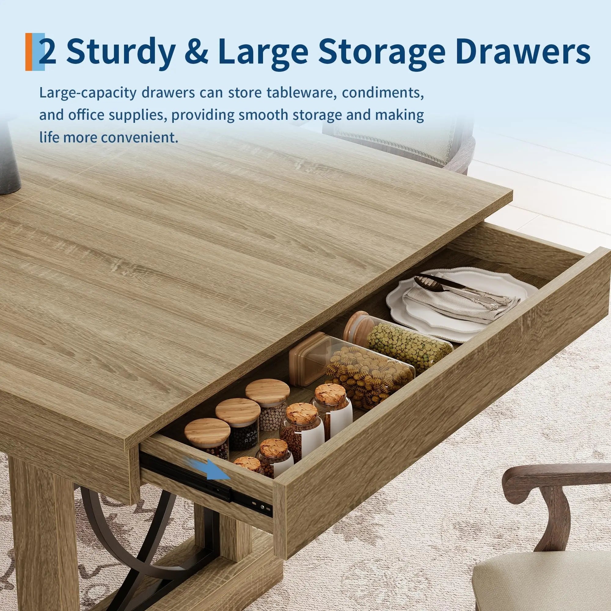 Large 71 Inch Table With 2 Storage Drawers For 6-8, Rustic Wood Kitchen Table, Heavy Duty Base,