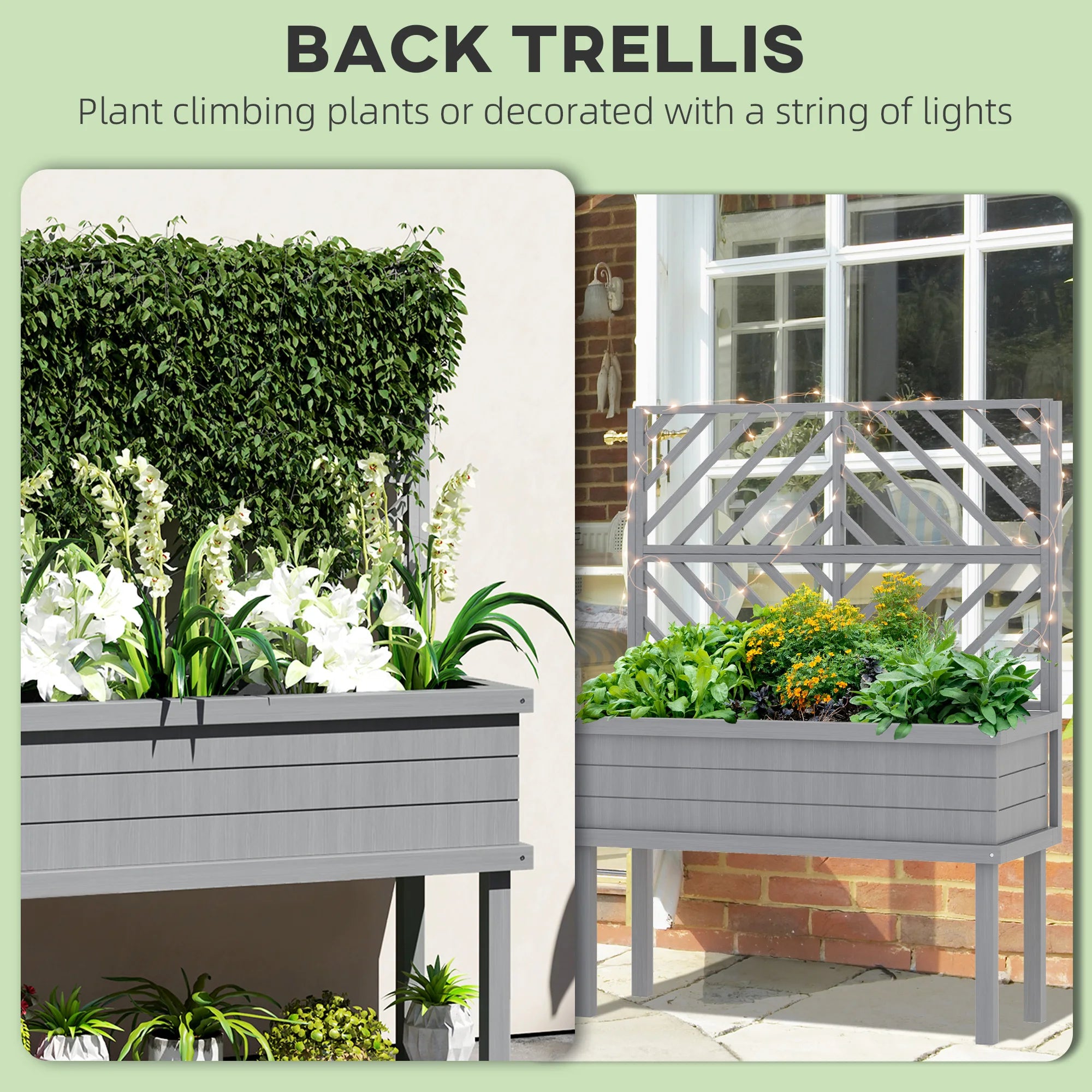 Raised Garden Bed with Trellis for Climbing Plants, Wooden Planter with Legs, Drainage Holes & Filter, Gray