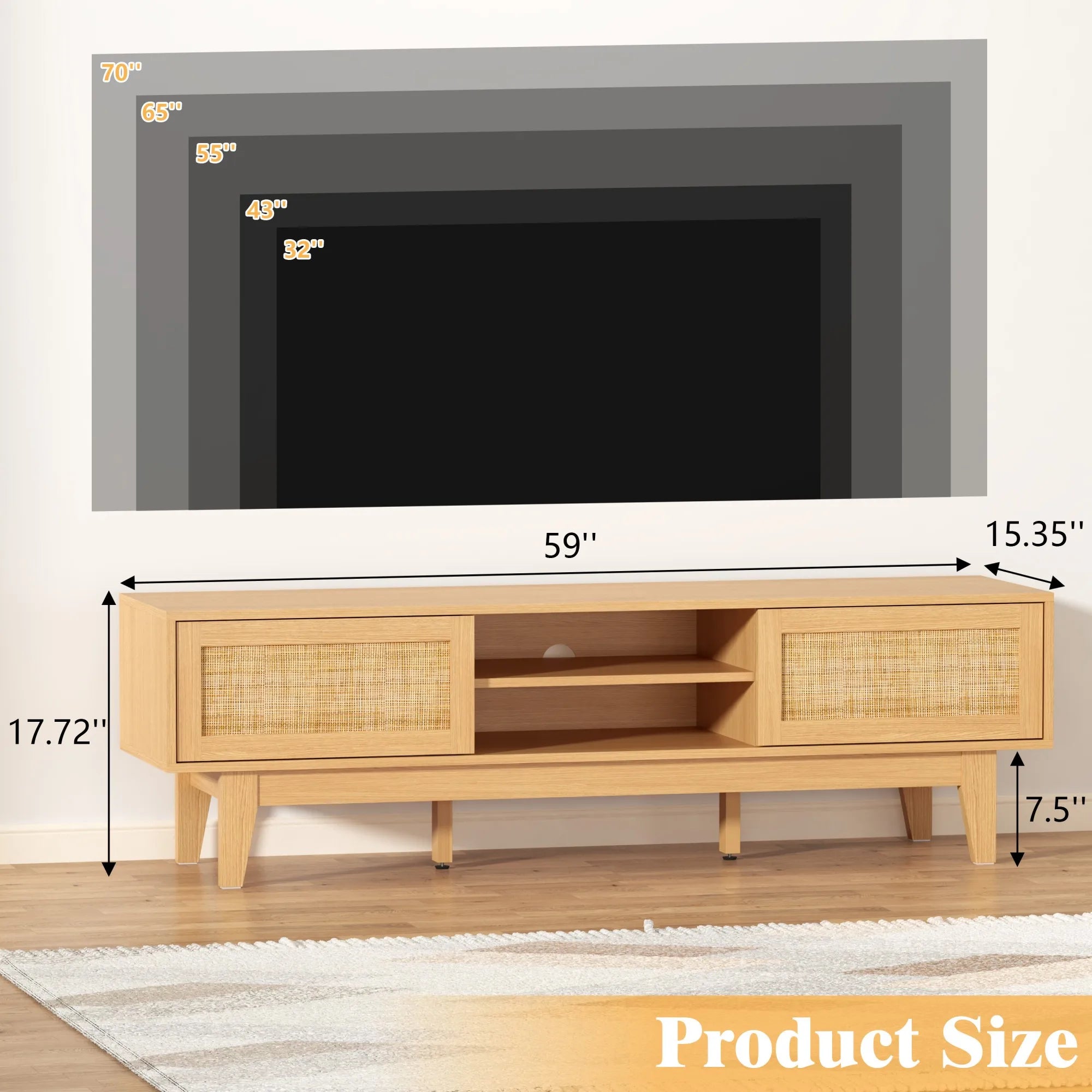 Boho TV Stand for 55 65 Inch TV, Rattan Entertainment Center with Shelves, Cabinets and Sliding Doors, cord holes