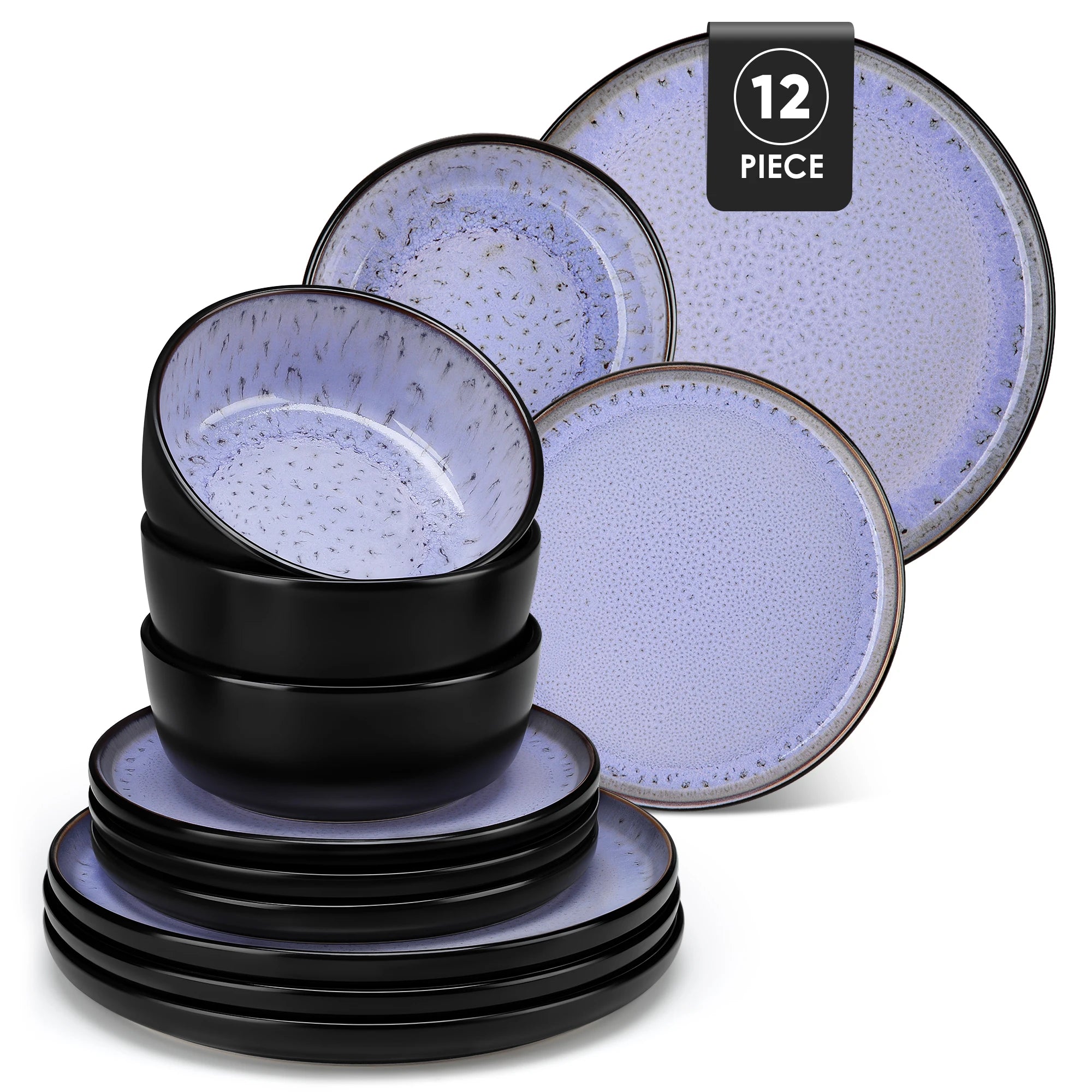 12/16 Piece Ceramic Dinnerware Set Matte Black Stoneware Plates Set with 4/6 Pcs Dinner Plate/Dessert/Bowl/Soup