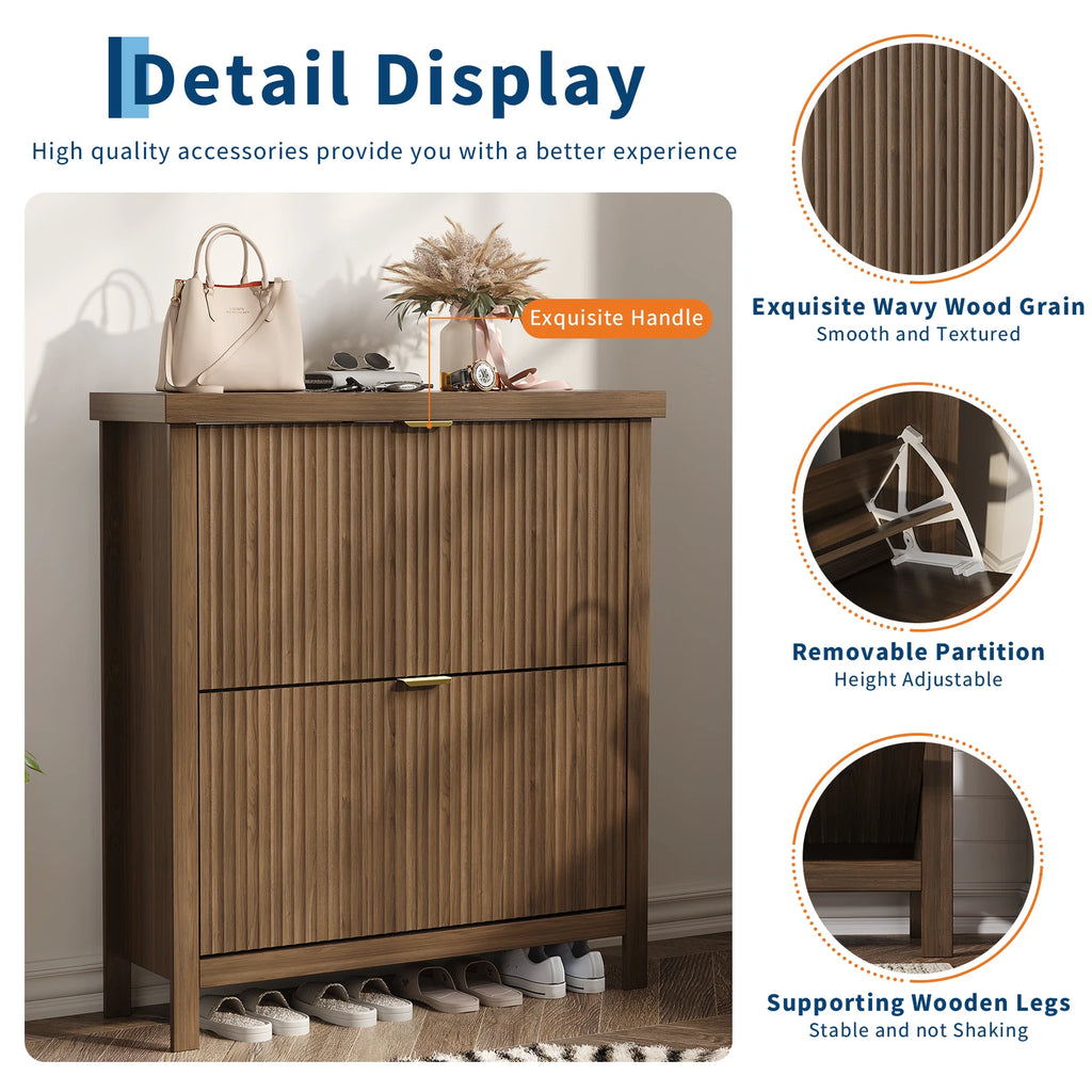 Fluted Shoe Cabinet with 2 Flip Drawers Natural Oak Hide Everyday Shoes in a Slim 9.5-Inch  Fluted Style
