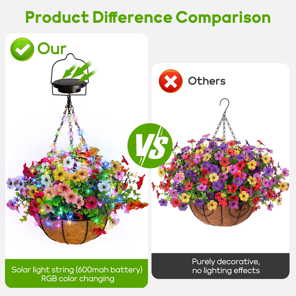 Solar-Powered Hanging Flower Basket Lights Outdoor DIY Copper Wire RGB Lights