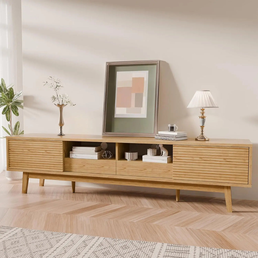Mid Century  Walnut Console TV Stand 75 Inch Low Profile Fluted Doors Storage Drawers