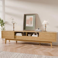Mid Century  Walnut Console TV Stand 75 Inch Low Profile Fluted Doors Storage Drawers