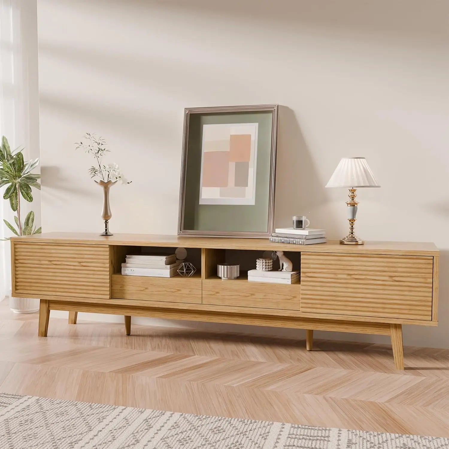 Mid Century  Walnut Console TV Stand 75 Inch Low Profile Fluted Doors Storage Drawers