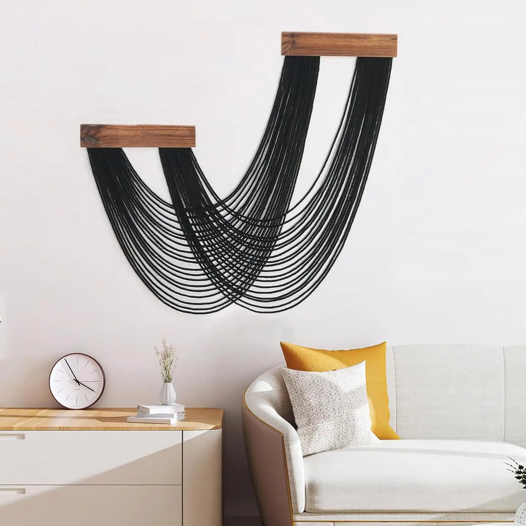 Black Macrame Wall Hanging, Boho Tapestry Woven Wall Art 12x25 Inch