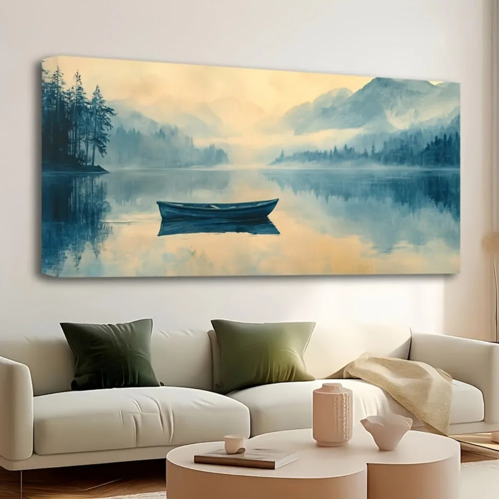 1.5 inch thick pine solid wood frame, landscape foggy scenery boat painting
