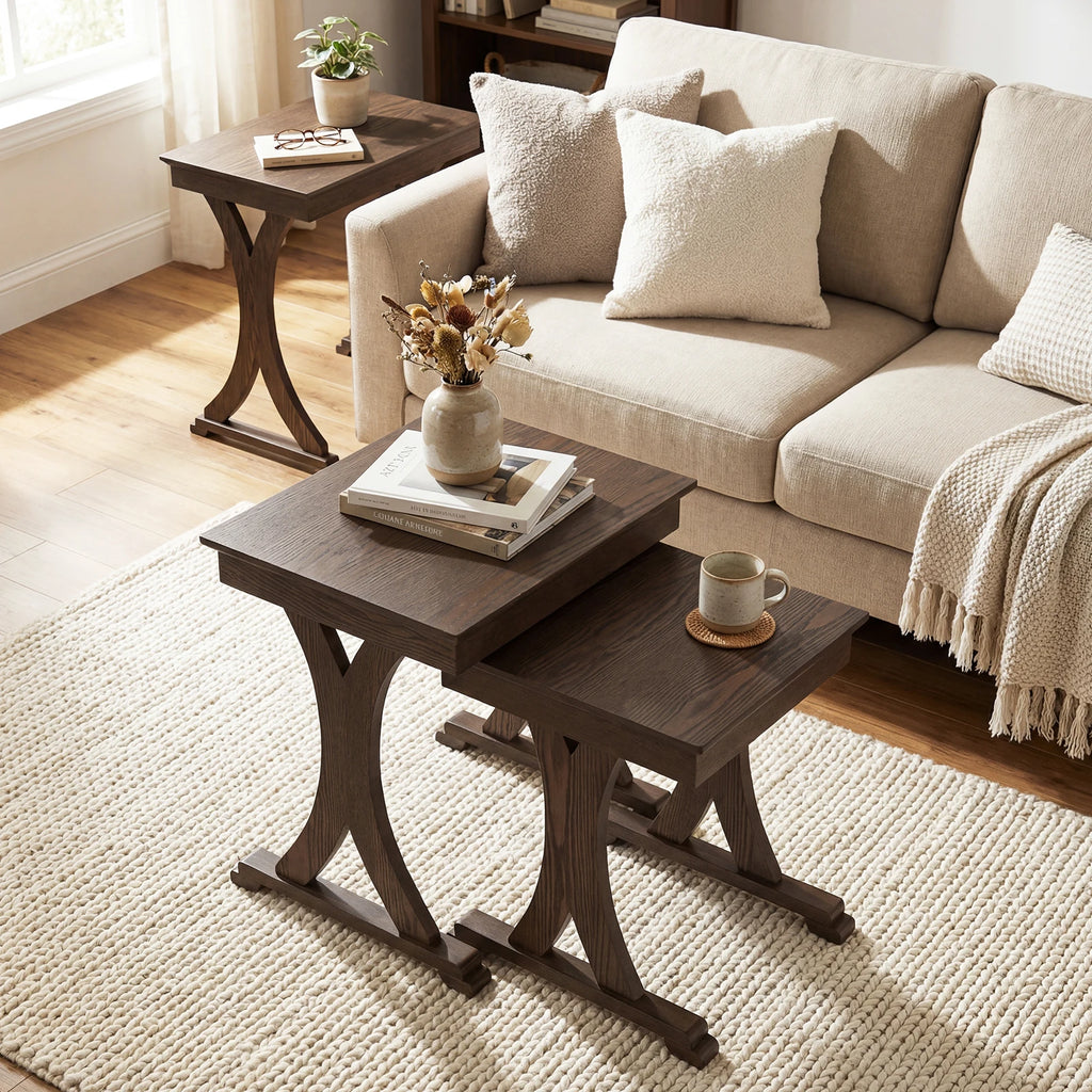 3PCS Nesting Table, Side Table w/ Solid Rubber Wood Legs