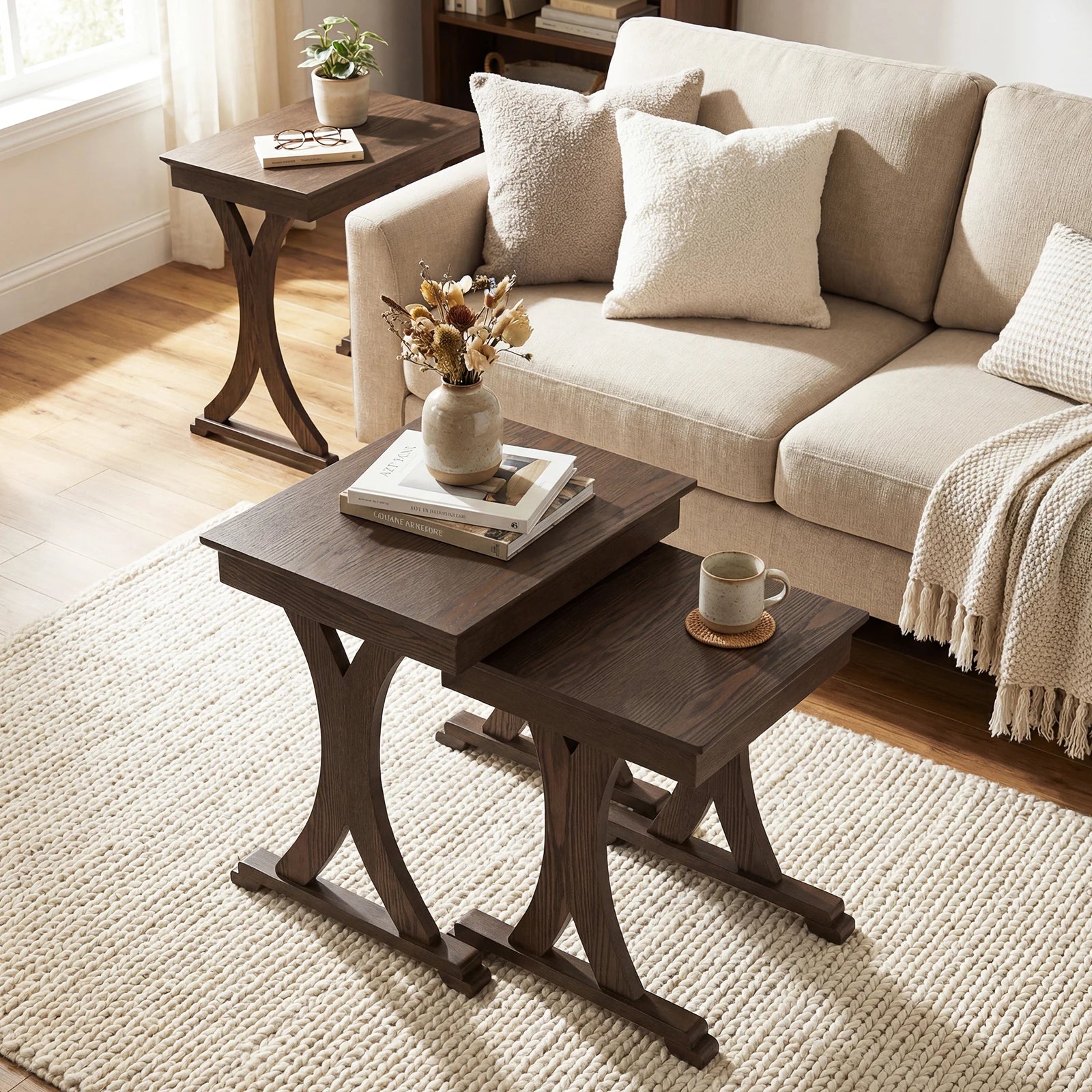 3PCS Nesting Table, Side Table w/ Solid Rubber Wood Legs