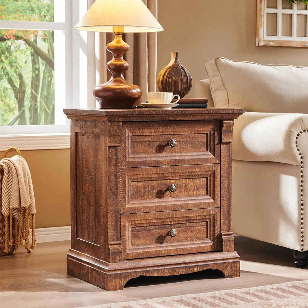 Farmhouse Wood 26" Tall Nightstand with Charging Station, 23.6"  3 Drawers Storage