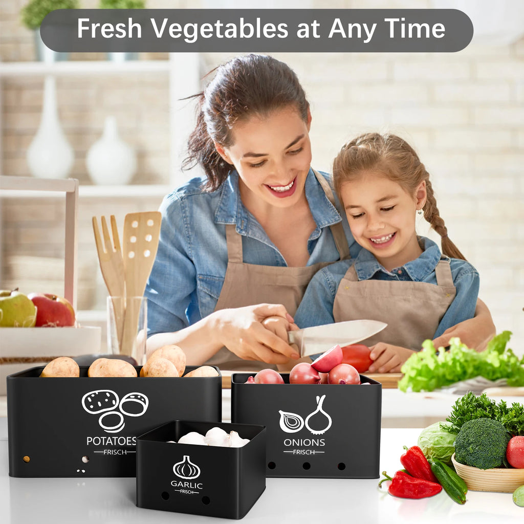 3-Piece Vegetable Storage Box Set, Potato, Onion and Garlic  Kitchen Countertops, With Lid Metal