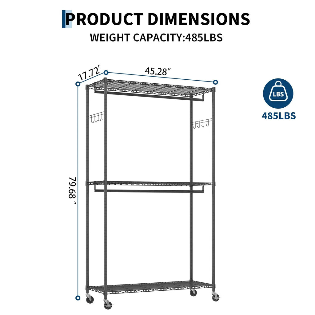 Heavy Duty Clothes Rack with Cover, 485LBS Capacity, Portable Closet Wardrobe on Wheels, Carbon Steel, Dustproof, Tool-Free Assembly
