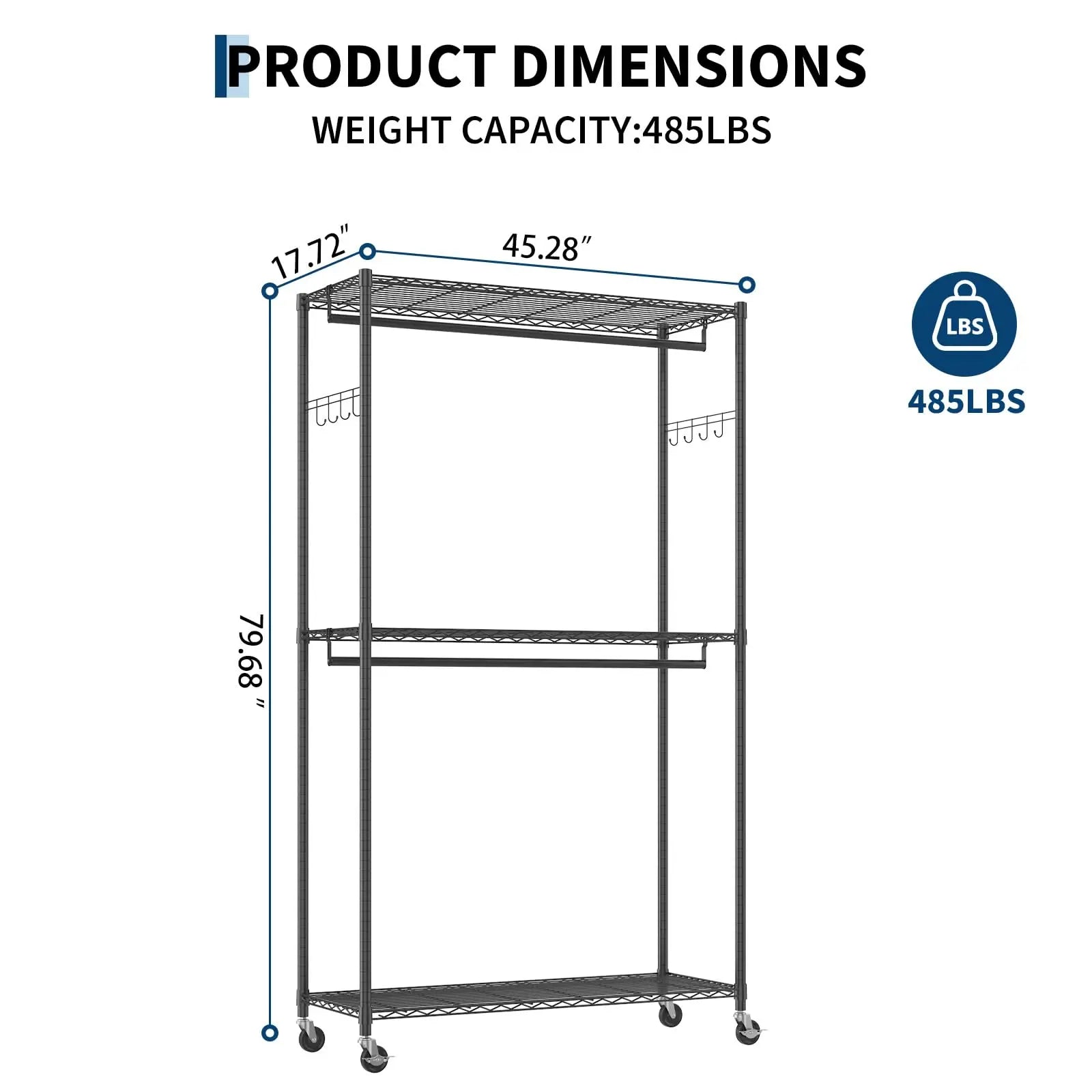 Heavy Duty Clothes Rack with Cover, 485LBS Capacity, Portable Closet Wardrobe on Wheels, Carbon Steel, Dustproof, Tool-Free Assembly