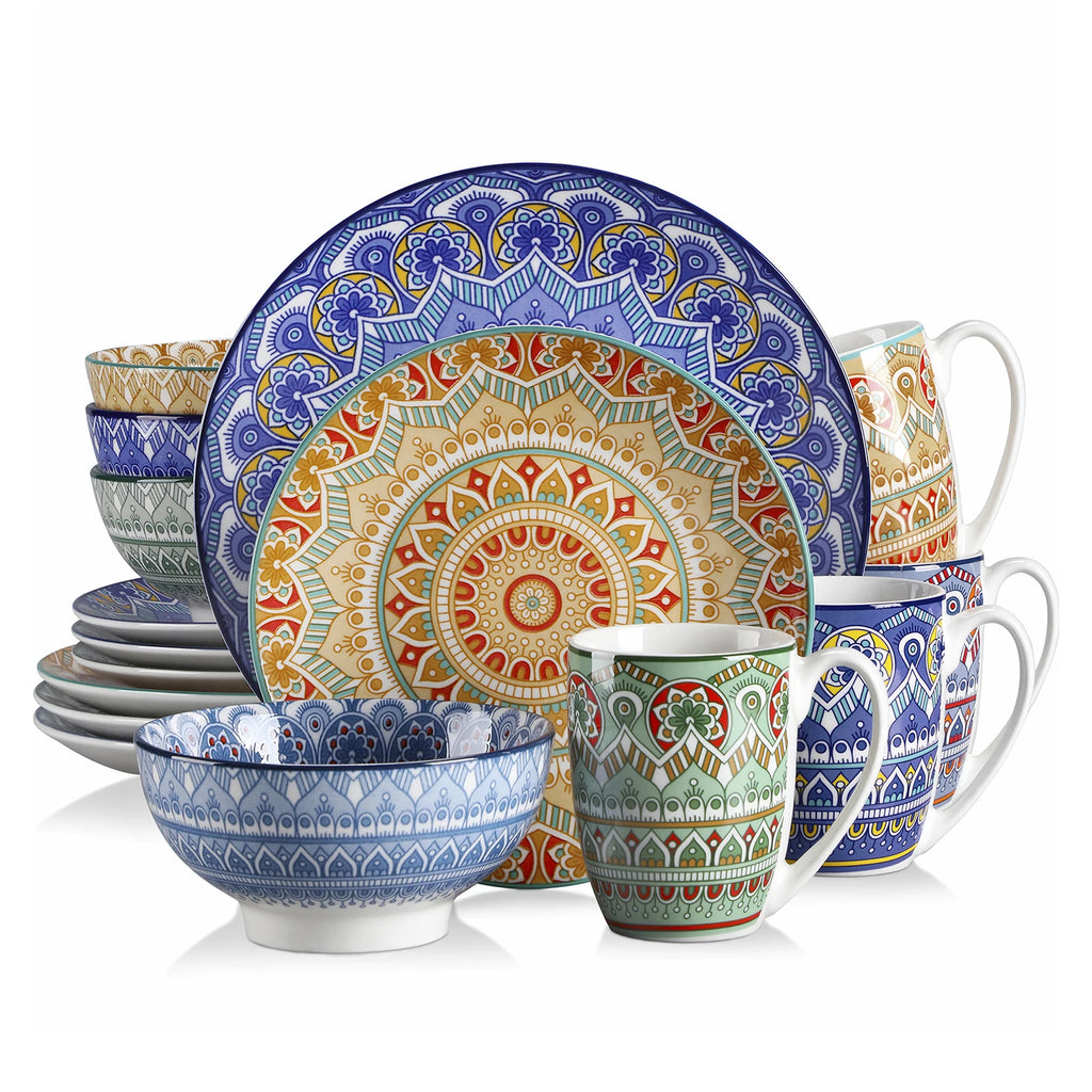 16/32/48-PCS Ceramic Plate Porcelain Dinnerware Set Bohemian Mandala Patterned with Dinner Plate,Dessert Plate,Bowl,Mug