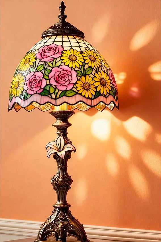Elegant Vintage Floral Glass Table Lamp Metal Sign Warm Beige