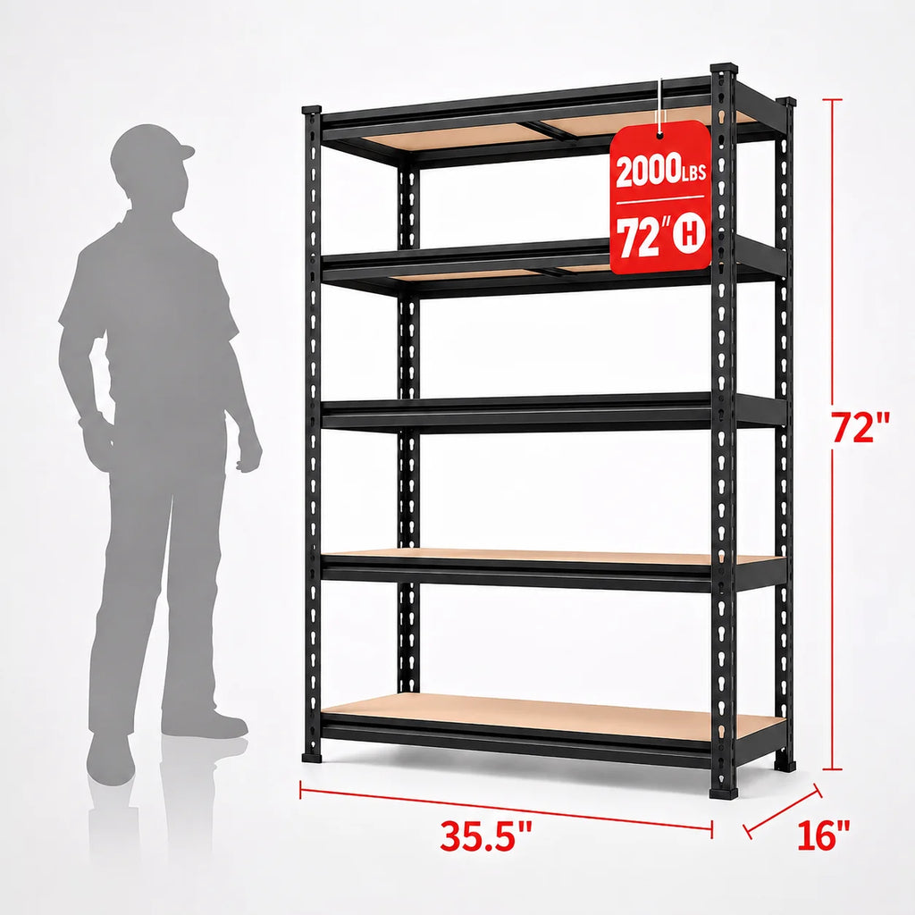 Extra-Wide Heavy-Duty Five-Tier Metal Storage Rack with 2000 Lbs Load Capacity, Adjustable Steel Shelving Unit 72-Inch Freestanding Shelf