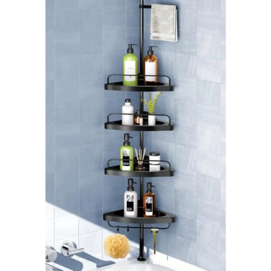 Corner Shower Caddy Tension Pole: Adjustable Stainless Steel  4 Tier Shelf