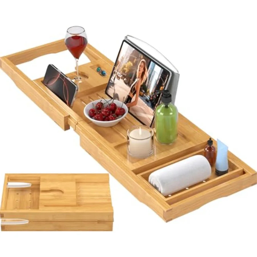 Foldable and Expandable Bamboo Bathtub Caddy Tray for Tub